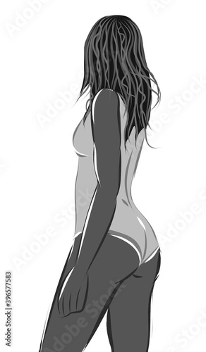 Monochrome colored composition of a woman in white leotard looking away