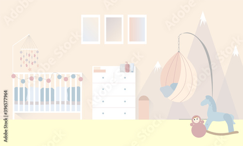 The interior of a baby room for a newborn in pastel colors. Wall decor with mountains. Vector flat illustration with a baby cot with a baby mobile. Suspended cocoon chair.