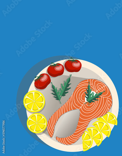 Composition of a plate with a slice of salmon, lemon, whole tomatoes and rucola salad