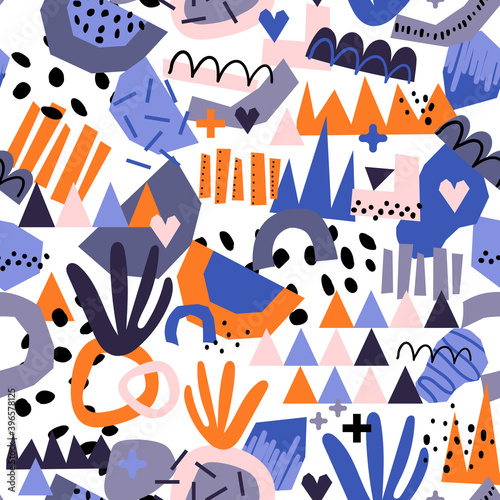 Abstract shapes seamless vector background. Repeating contemporary organic paper cut shapes background. Modern geometrics pink orange blue modern design for fabric, wrapping, wallpaper.