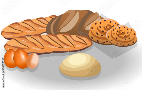 Composition of bread loafs, bagels, eggs and dough