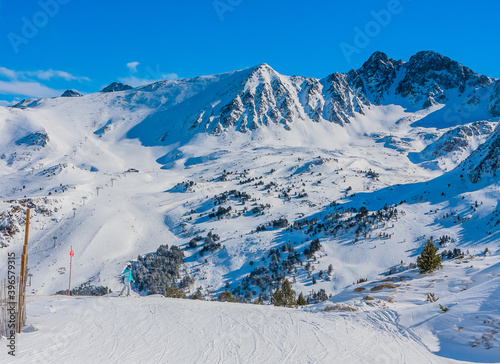 Ski resort GrandVallira. Views of the Pyrenees mountains. Ski cabins with skiers. Rest with the whole family and friends. Andorra © Nikolai Korzhov