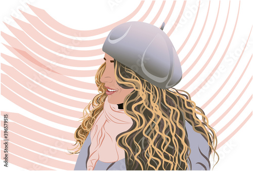 Joyful blonde woman dressed in gray coat, bonnet and a pink scarf