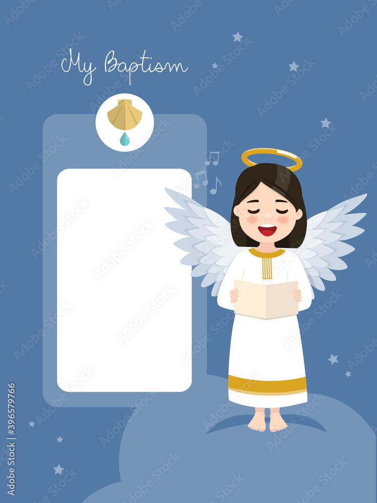 Angel singing. Baptism invitation with message on blue sky and stars background. Vector illustration Angel singing. Baptism invitation with message on blue sky and stars background. Vector illustration