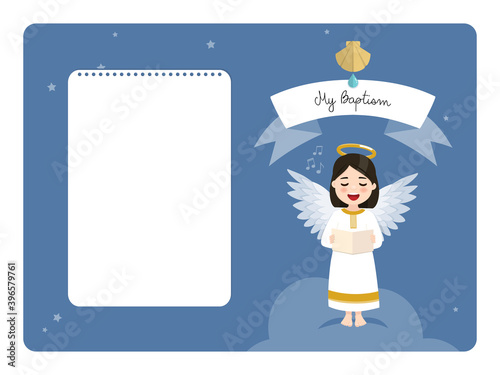 Angel singing. Baptism horizontal invitation with message. Vector illustration