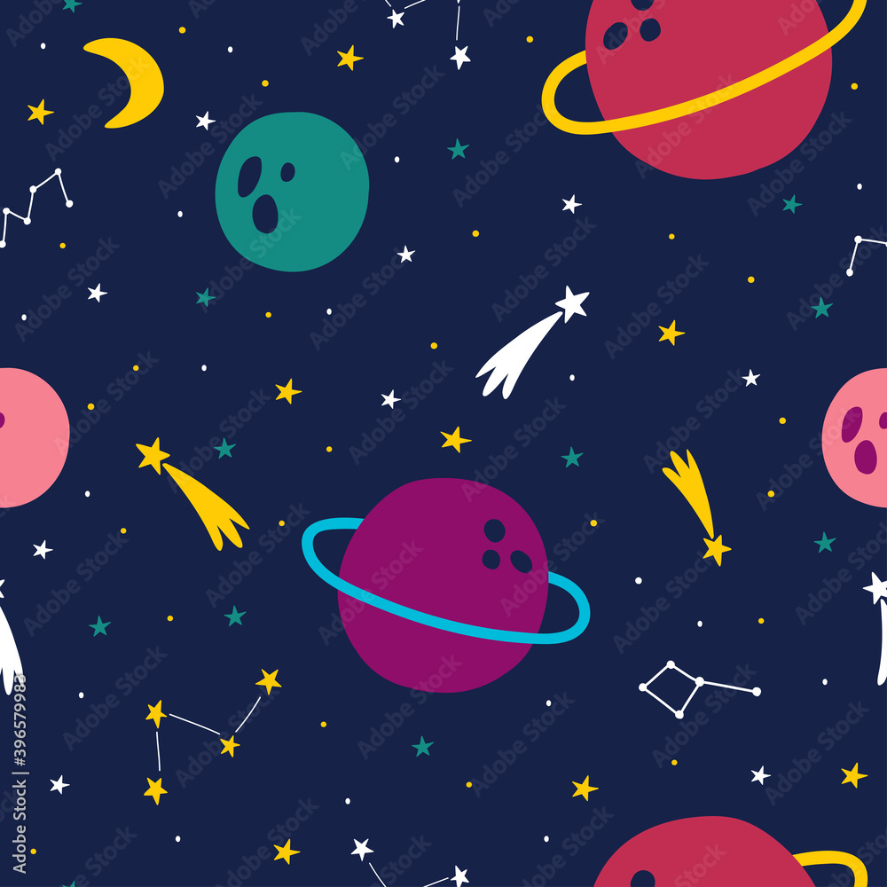 Space, cosmos seamless pattern. Pattern with stars, rockets, comets, moon. Hand drawn vector illustration. Great for childish textile, wallpaper. Space, cosmos seamless pattern. Pattern with stars, rockets, comets, moon. Hand drawn vector illustration. Great for childish textile, wallpaper.