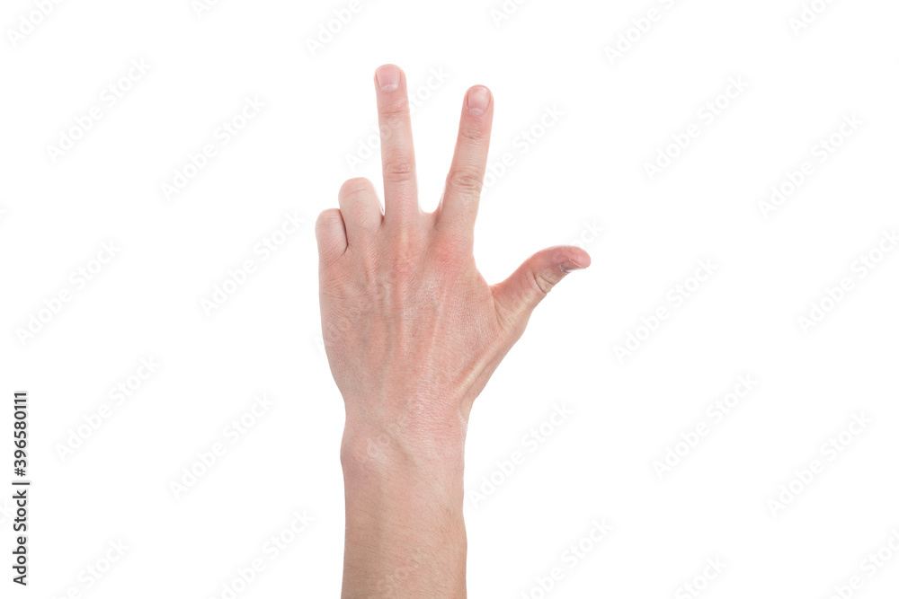 Man showing number three on white background, closeup. Man showing number three on white background, closeup.