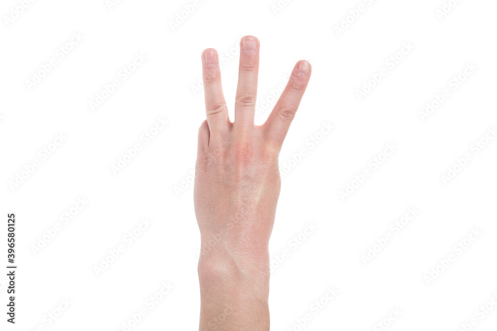 Man showing number three on white background, closeup. Man showing number three on white background, closeup.