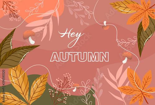 Autumn composition with mushrooms, leaves, twigs, and abstract lines