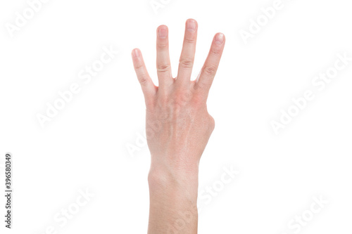 Man showing number four on white background, closeup. © Object Studio