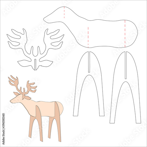 Cutting drawing. Reindeer animal vector pattern, volumetric image, New Year and Christmas character, folding carved wooden toy