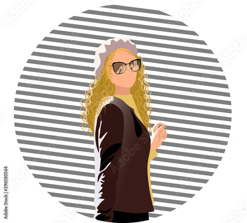 Blonde woman in yellow blouse, black jacket, white bonnet and sunglasses posing with and striped circle behind her