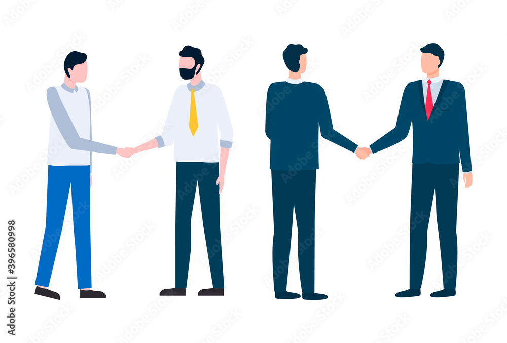 Meeting of business partners vector, colleagues at conference, male dealing with agreement, handshaking people wearing formal clothes suits isolated