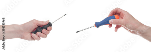 Male hand holding screwdriver isolated on white background.