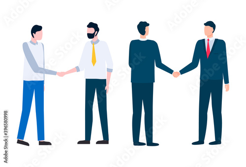 Meeting of business partners vector, colleagues at conference, male dealing with agreement, handshaking people wearing formal clothes suits isolated