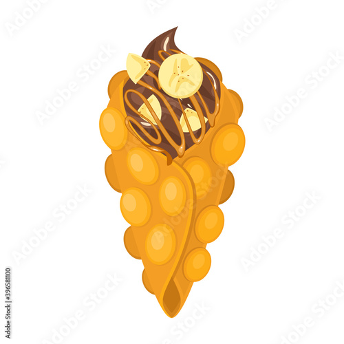 Bubble waffle with chocolate whipped cream and banana. Bubble wafer in a classic cone. Hong Kong waffle isolated.