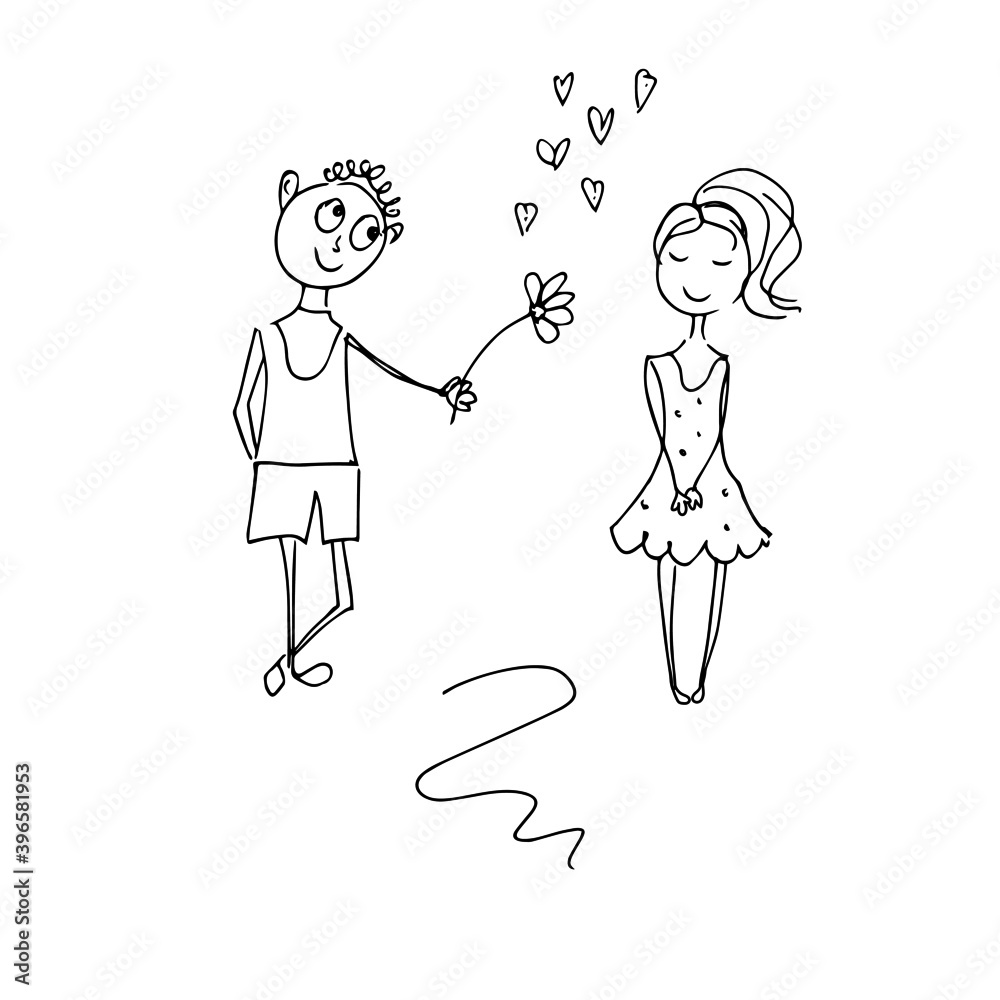 A man gives a woman a flower. Linear drawing, sketch. Vector illustration. A man gives a woman a flower. Linear drawing, sketch. Vector illustration.