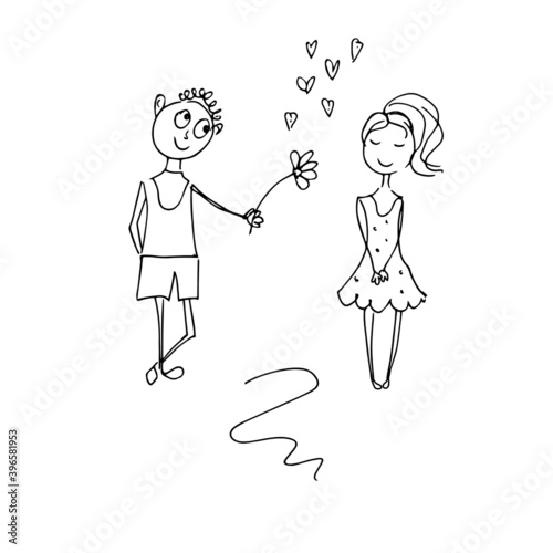 A man gives a woman a flower. Linear drawing, sketch. Vector illustration.