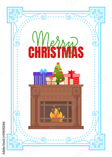 Antique fireplace with decorative ornaments and lattice vector in frame. Vintage heater with burning fire, home mantelpiece topped by Xmas tree and presents