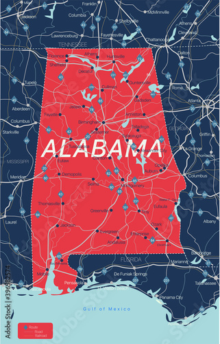 Alabama state detailed editable map with with cities and towns, geographic sites, roads, railways, interstates and U.S. highways. Vector EPS-10 file, trending color scheme