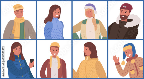 Man and woman wearing hat, jacket and scarf winter clothes. Portrait view of smiling male and female in warm apparel in casual style. Adult in glass, girl holding phone isolated on white set vector