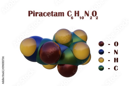 Chemical structural formula and space-filling molecular model of piracetam, a drug for myoclonus and for improving cognition. Scientific background. 3d illustration photo