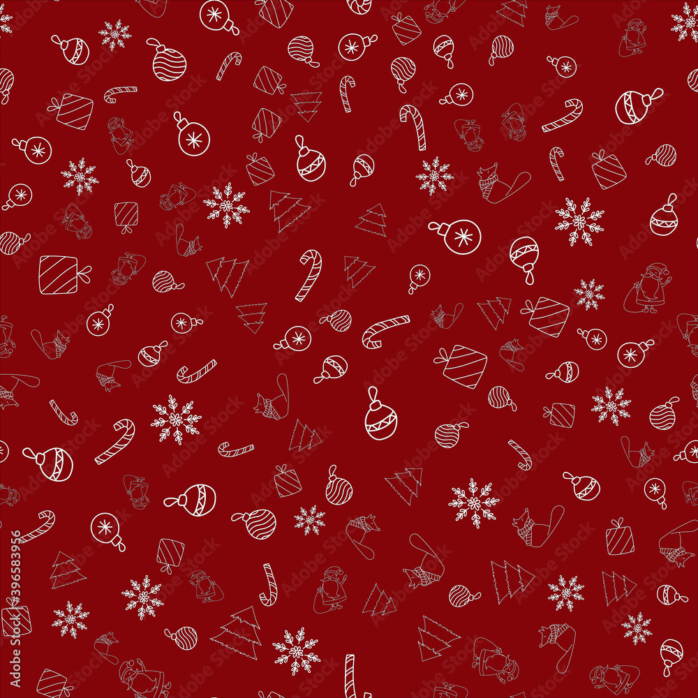 New Year seamless vector pattern with Christmas ornament, Santa Claus, snowflake, candy cane, fox in a scarf, tree, gifts on red background