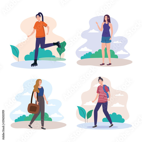 women and man set at park design, Outdoor activity and season theme Vector illustration