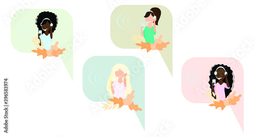 Girls in headphones with a microphone are talking on a smartphone. Vector illustration. Communication means.