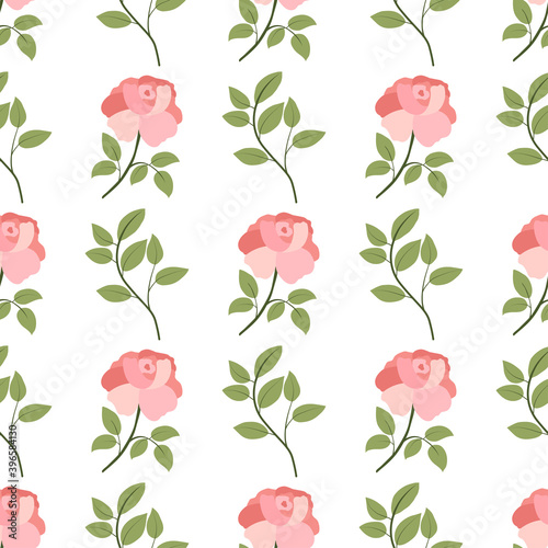 Floral seamless pattern with green leaves branch and rose peony flower. Textile  fabric ornament. Spring bloom flowers.