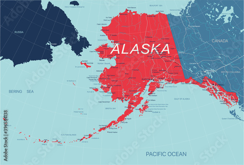 Alaska State Political map of the United States with capital Juneau, national borders, cities and towns, rivers and lakes. Vector EPS-10 file, trending color scheme