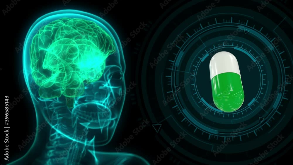 modern medical 4K 60 fps 3D animation - x ray human head image with highlighted brain and medical pill rotating, brain healing concept