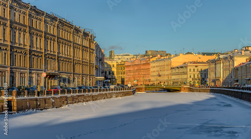 Walk on a sunny winter evening in St. Petersburg.