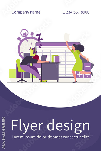 Lazy office worker. Man sleeping at workplace, colleague with paper running to him flat vector illustration. Burnout, fatigue, tired employee concept for banner, website design or landing web page