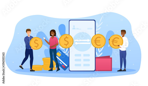 Abstract concept of currency exchange. Currency converter, online money transfer, euro and dollar coins, mobile banking, finance, digital money market. Cartoon flat isolated vector illustration