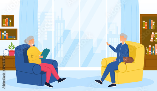 Grandfather and grandmother resting, have leisure at home. Senior couple sitting in armchairs in living room. Elderly woman reading book. Cartoon flat vector illustration