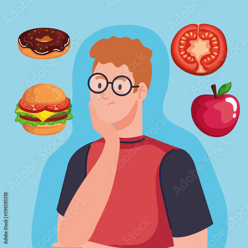 man thinking about fast food design, unhealthy eat and restaurant theme Vector illustration