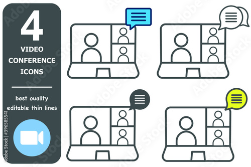Four conference icons, meeting, seminar icon. Silhouette of a man on the monitor screen.