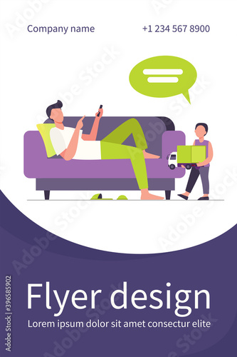Father lying on sofa and listening son with toy. Child, truck, speech bubble flat vector illustration. Communication and parenthood concept for banner, website design or landing web page