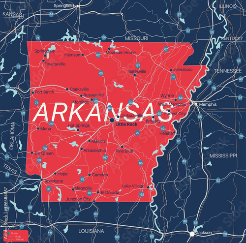 Arkanzas state detailed editable map with with cities and towns, geographic sites, roads, railways, interstates and U.S. highways. Vector EPS-10 file, trending color scheme