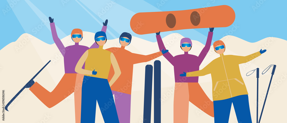 Friends skiers at ski resort, flat vector stock illustration as concept of winter vacation, snowboarding, skiing, friendship