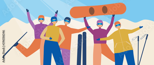 Friends skiers at ski resort, flat vector stock illustration as concept of winter vacation, snowboarding, skiing, friendship
