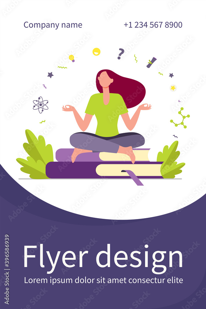 Woman sitting and meditating on pile of books. Student, study, learning flat vector illustration. Education and knowledge concept for banner, website design or landing web page Woman sitting and meditating on pile of books. Student, study, learning flat vector illustration. Education and knowledge concept for banner, website design or landing web page