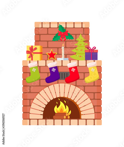 Fireplace with fire burning inside brick arch, vector. Decoration of home interior on Christmas, Santa stockings, fir-tree and color socks, gift boxes