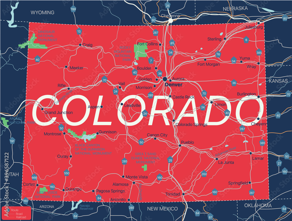 Colorado state detailed editable map with with cities and towns ...