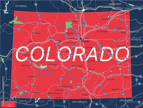 Colorado state detailed editable map with with cities and towns, geographic sites, roads, railways, interstates and U.S. highways. Vector EPS-10 file, trending color scheme photo