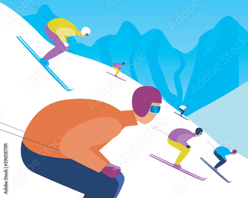 People going downhill skiing, flat vector stock illustration with skiers in ski resort with snow