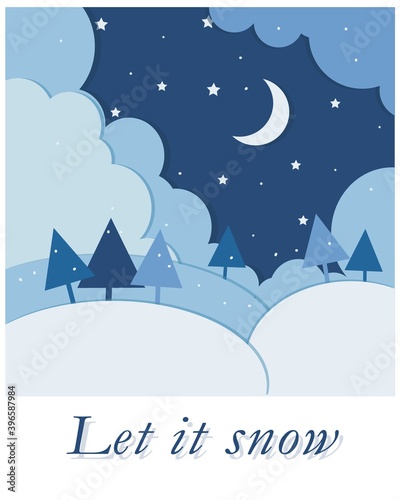 Christmas and New Year Vector greeting card. paper cut design. snow-covered hills with fir trees and a glowing moon. starry sky. fluffy clouds. © Liudmila