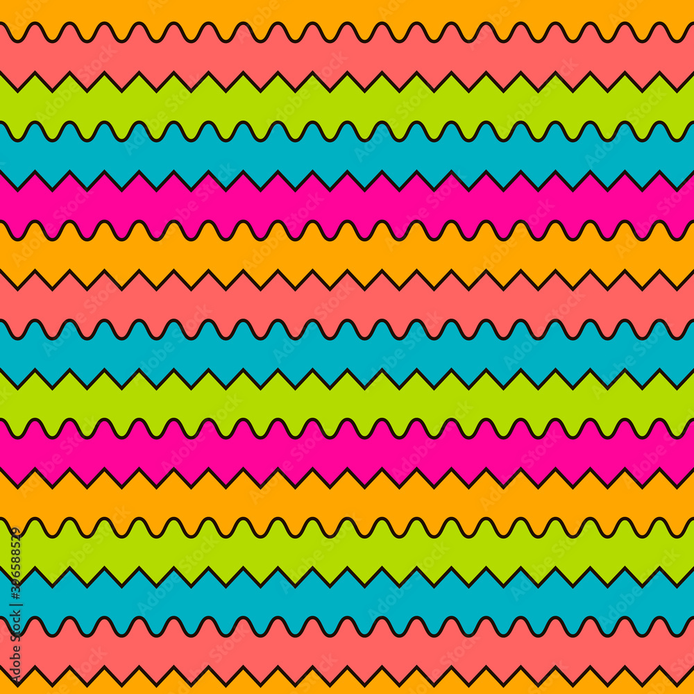 Abstract zigzag and wave neon bright colors 90s style seamless pattern