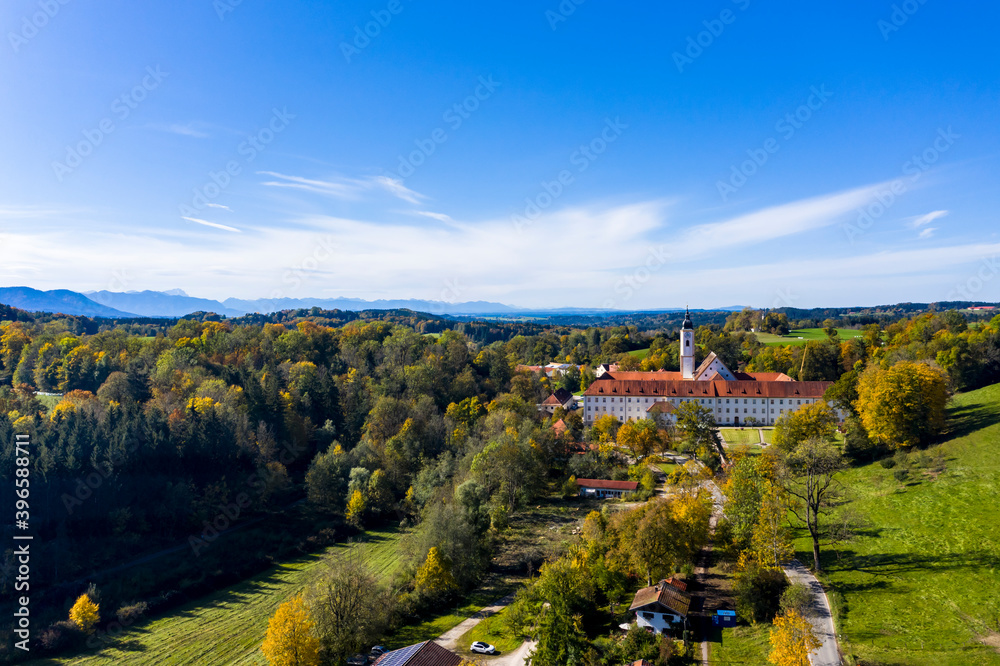 Aerial view of Dietramszell Monastery, Dietramszell, Tölzer Land, Upper Bavaria, Bavaria, Germany Aerial view of Dietramszell Monastery, Dietramszell, Tölzer Land, Upper Bavaria, Bavaria, Germany